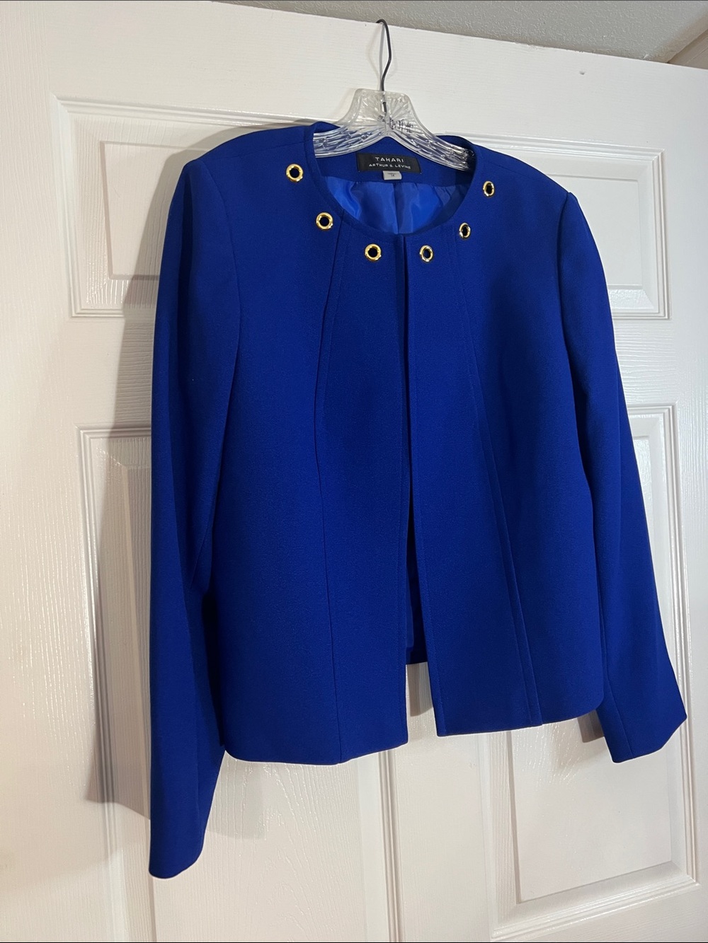 Tahari ASL Cobalt Blue Open-Front Jacket with Gold Grommets